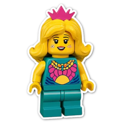 A colorful lego person with a crown on their head.