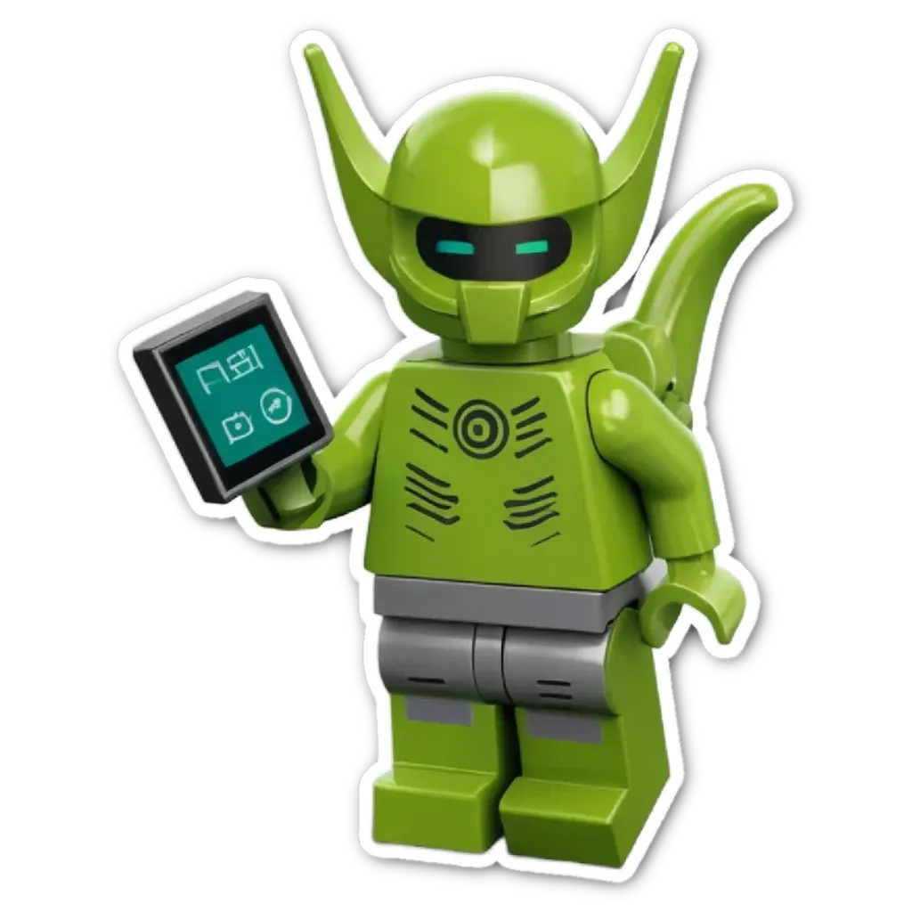 A green lego person holding a tablet.