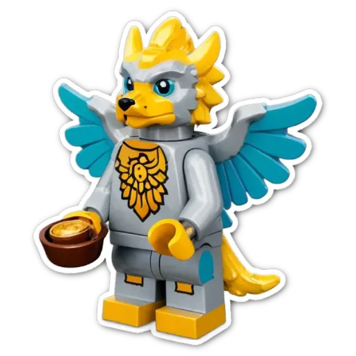 A lego figure with wings and a golden beard holding a gold cup.