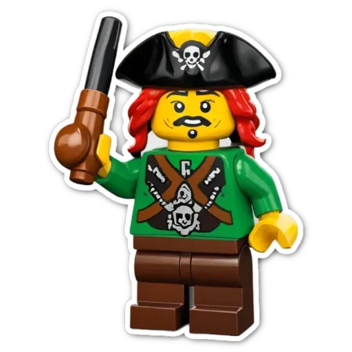 A Lego pirate that is wearing a green shirt and brown pants.