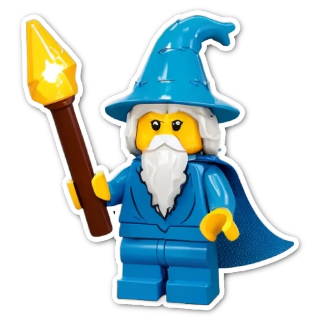 A lego figure of a wizard with a staff.