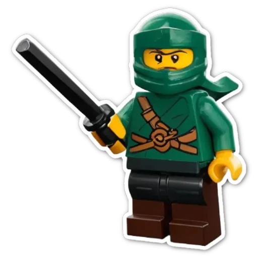 A green lego person holding a black toy sword.