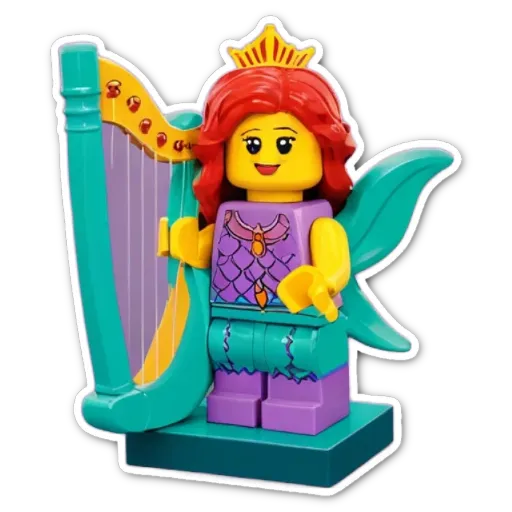 A lego toy that is red in color and is holding a harp.