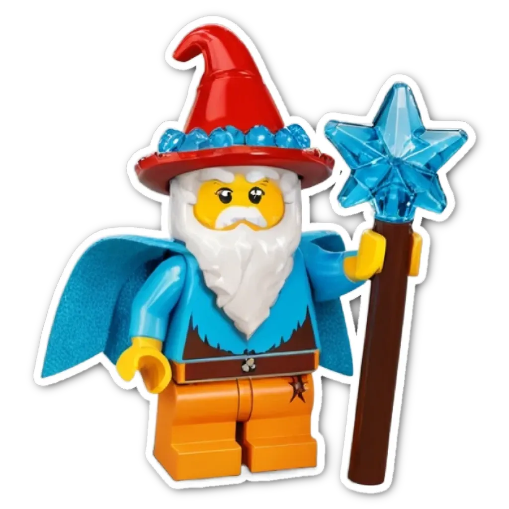 A Lego figure with a red hat and blue robe holding a staff.