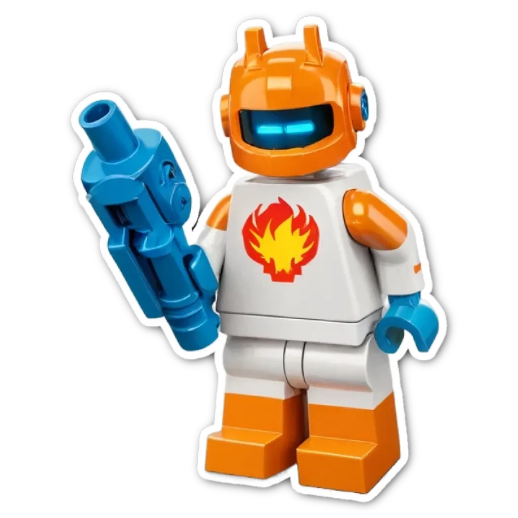 A lego robot that is orange and white with a fire extinguisher in his hand.