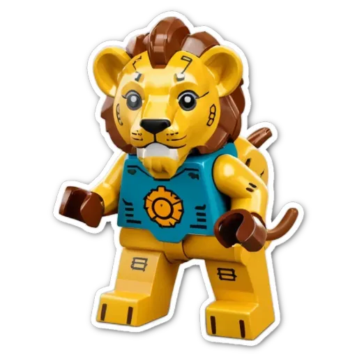 A lego lion with a blue vest on that is standing up.