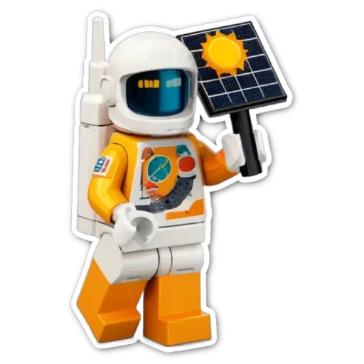 A lego space man holding a solar panel.