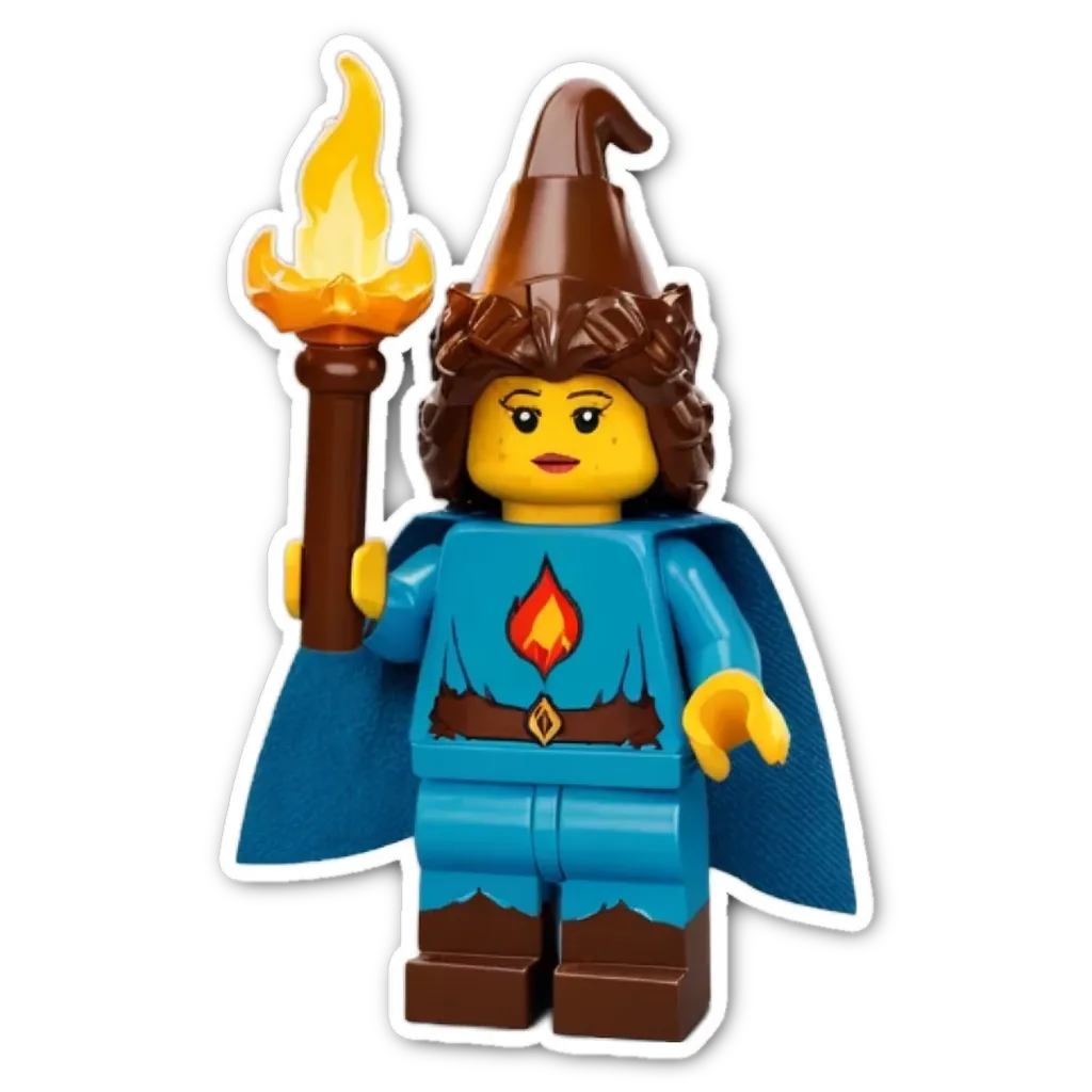 A Lego figure with a torch and a cape.