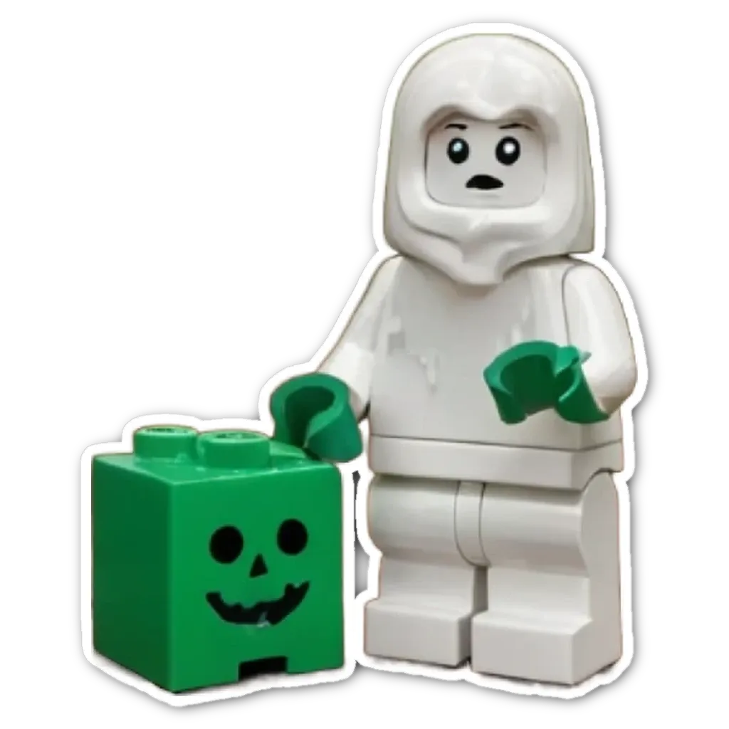 A white lego person holding a green lego pumpkin.