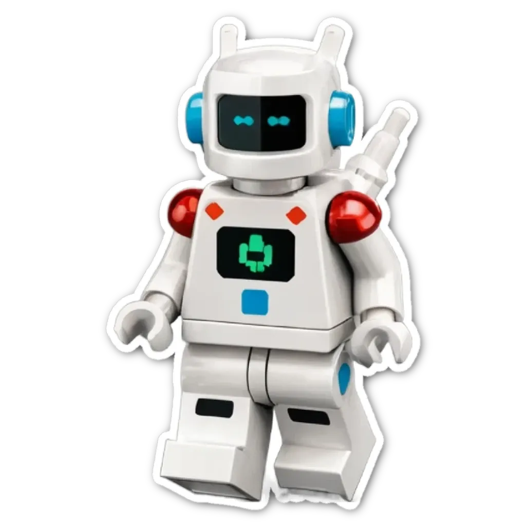 A white lego robot with a green square on the front.