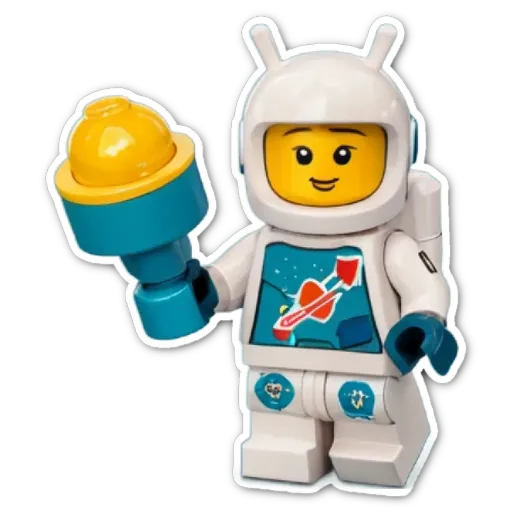 A lego person holding a space shuttle and other toys.