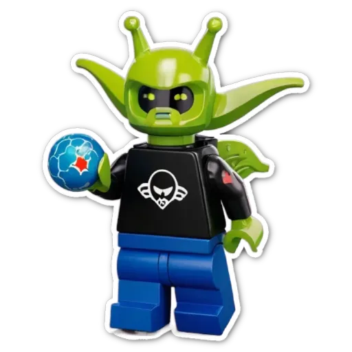 A lego figure with a ball and a skull on the sleeve.