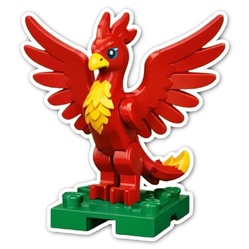 A lego toy of a red bird with yellow feathers on its wings.