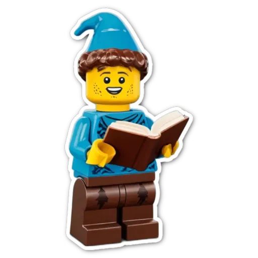 A sticker of a lego boy reading a book.