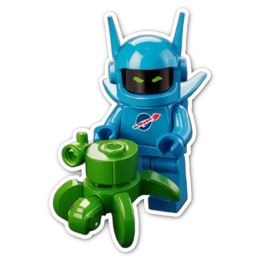 A blue lego person with a green weapon holding a space ship.