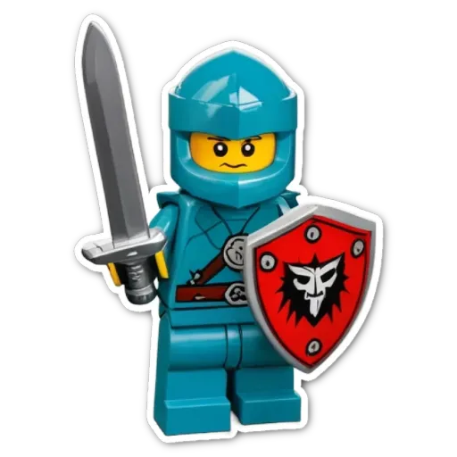 A lego knight holding a shield and a sword.