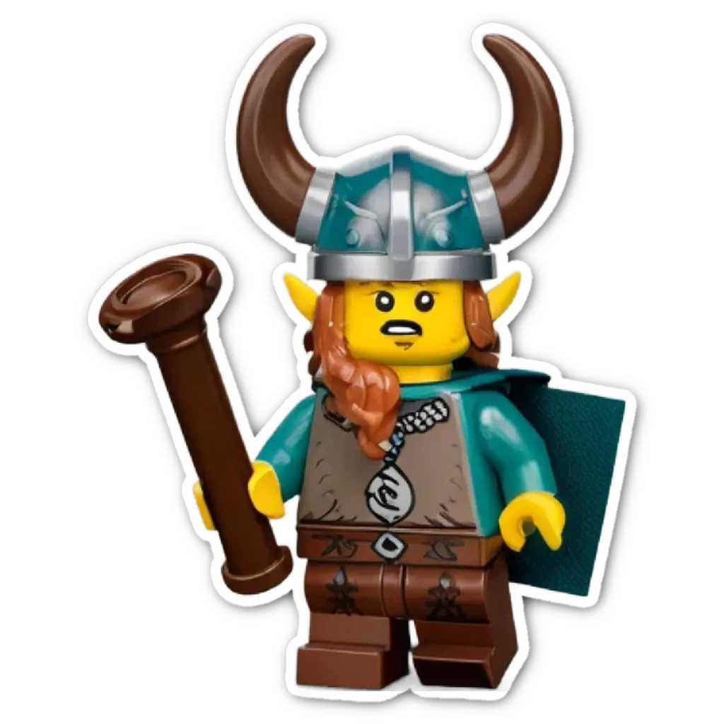 A Lego figure with a staff and a funny expression.