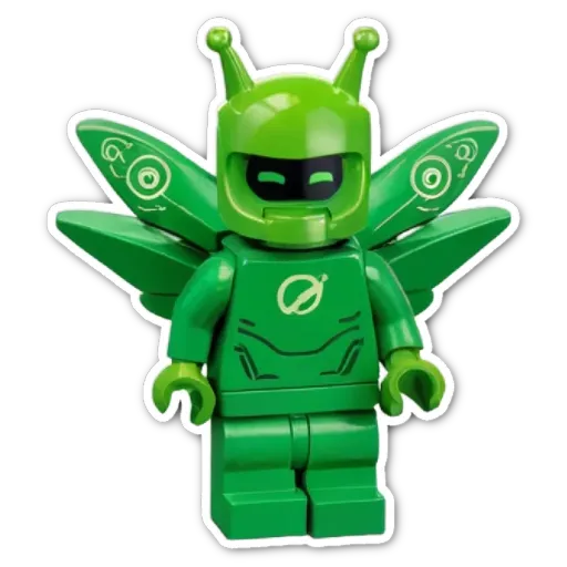 A green lego figure with a wing on each foot.