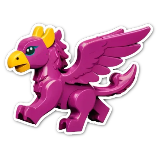 A pink lego bird with yellow beak is standing on a black background.