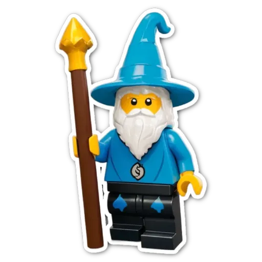 A blue lego with a wizard hat holding a staff.