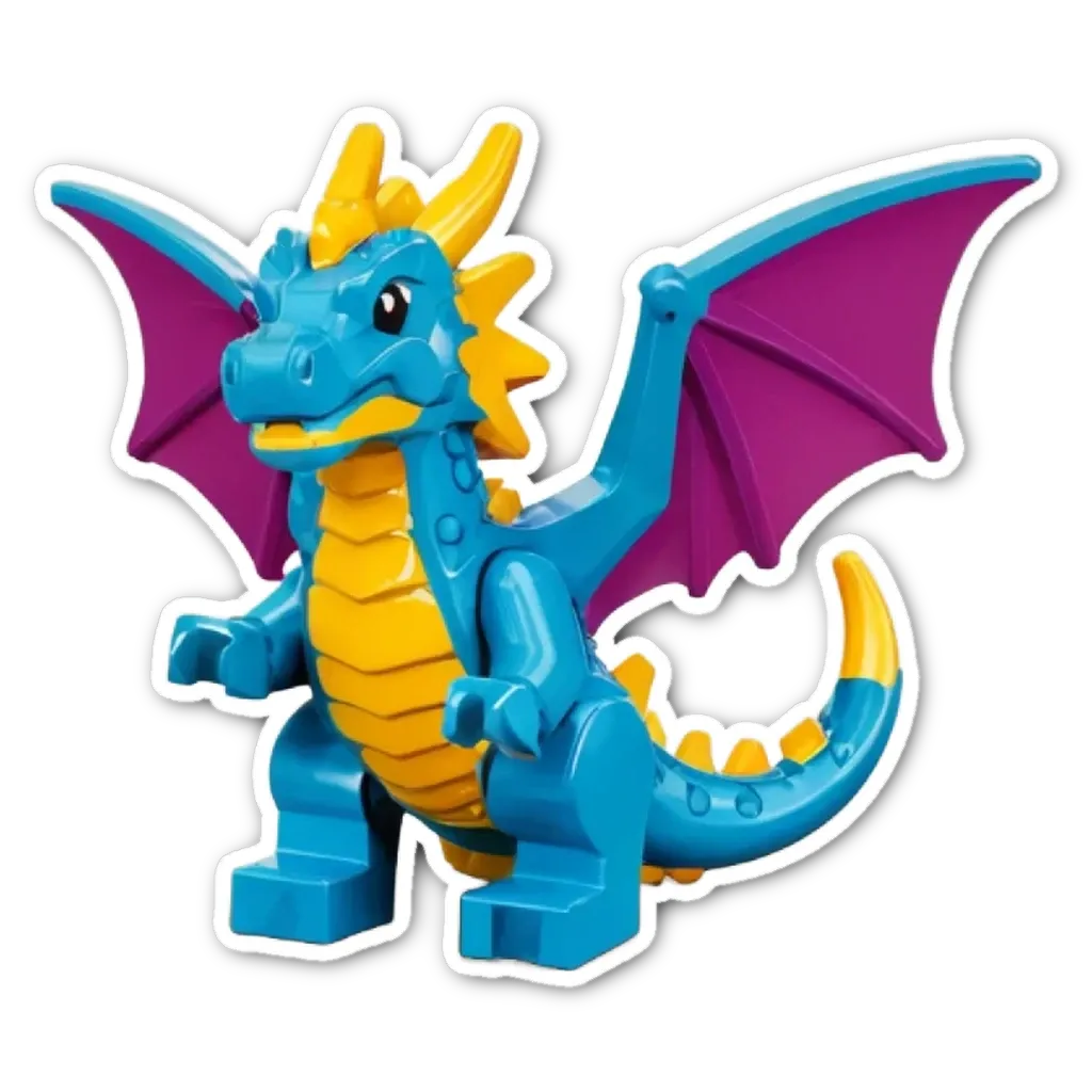 A blue and yellow lego dragon on a black background.