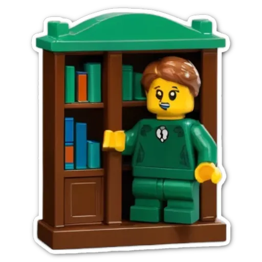 A lego person looking out a bookshelf.