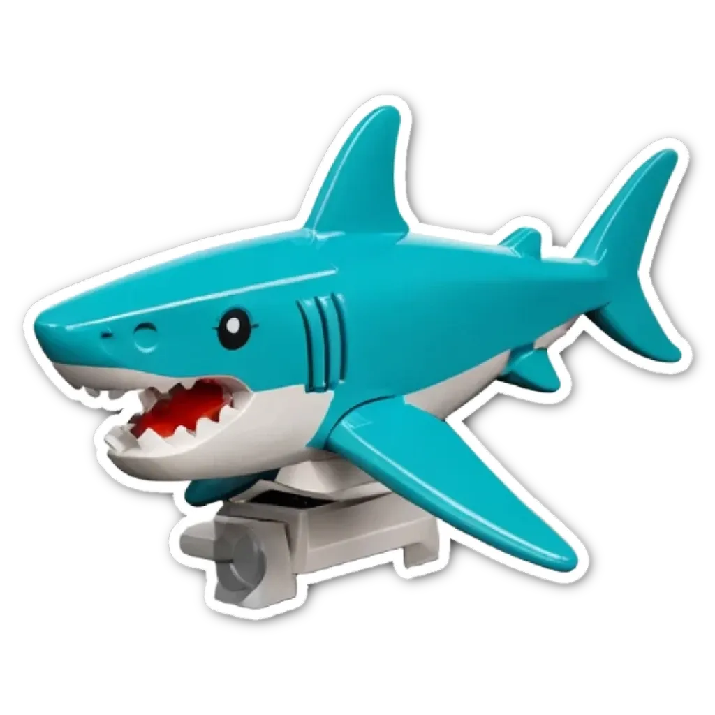 A blue and white lego shark with red teeth biting another lego shark.