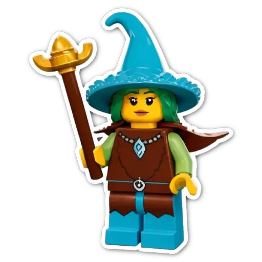 A lego figure of a witch holding a staff.