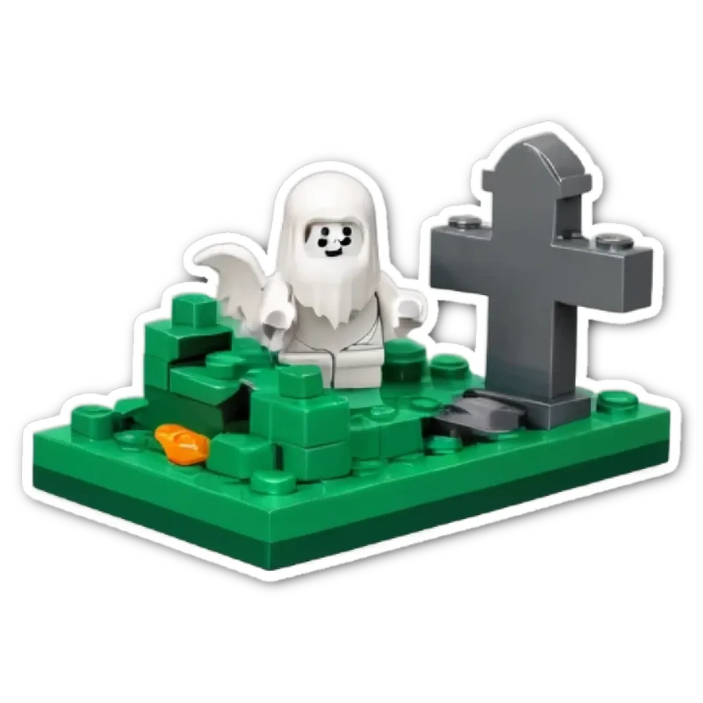 A lego playmat showing a ghost standing in a cemetery.