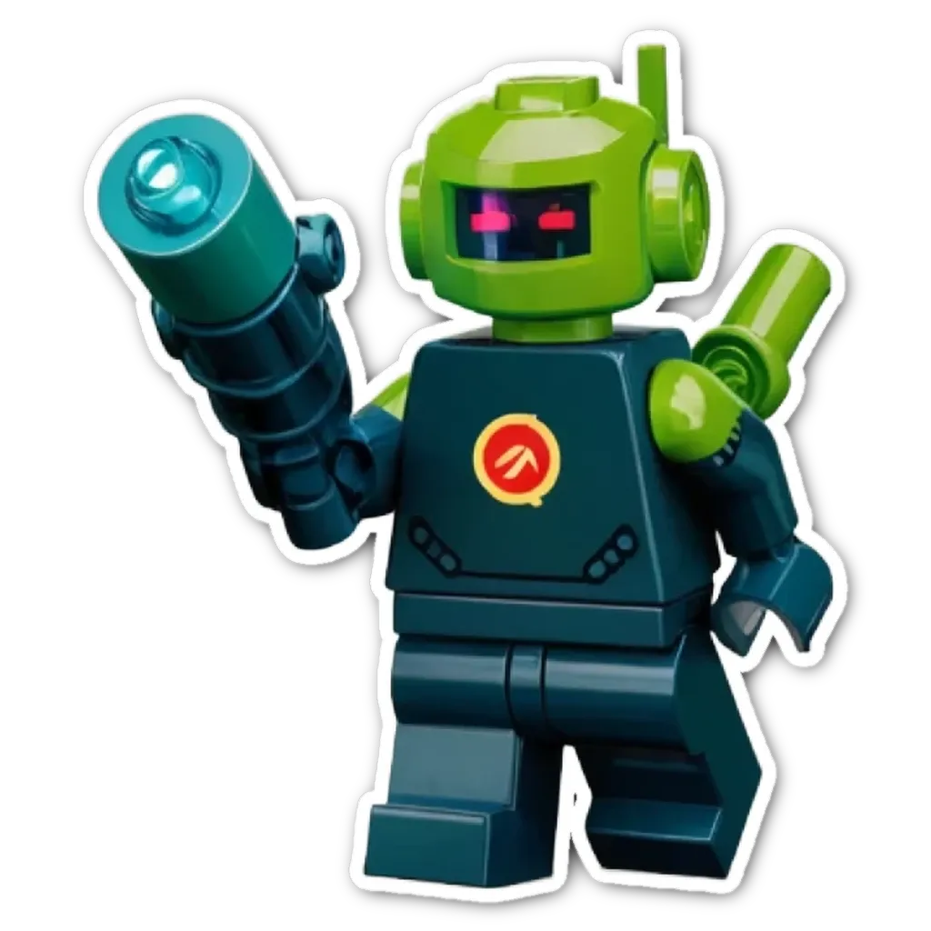 A sticker of a lego green robot with a red circle on its face holding a gun.