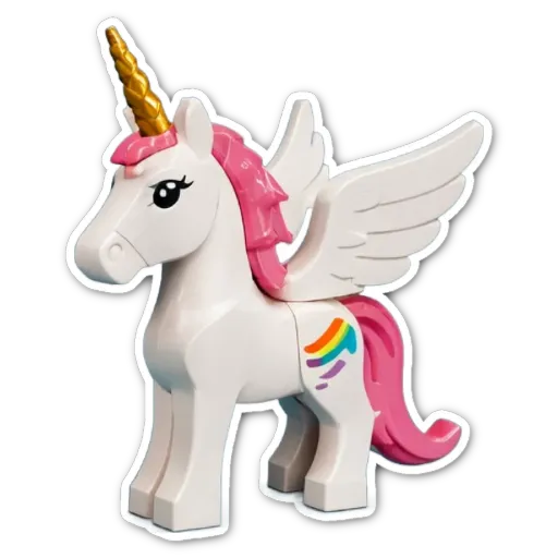 A lego unicorn with rainbow colored wheels.