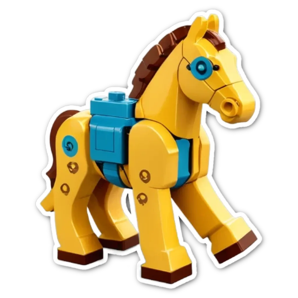 A yellow and brown lego horse on black background.