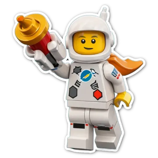 A lego space man holding a rocket.