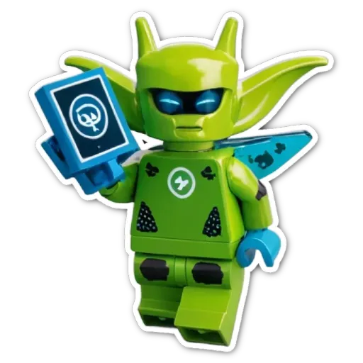 A green lego person holding a card.