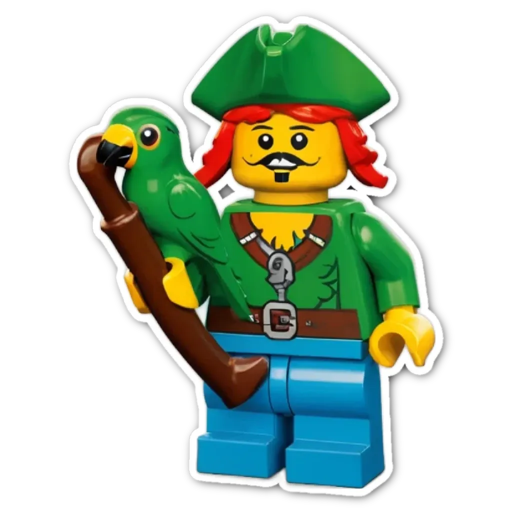 A green lego man holding a parrot.