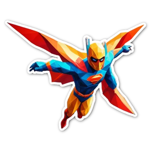 A colorful sticker of a Superman flying through the air.