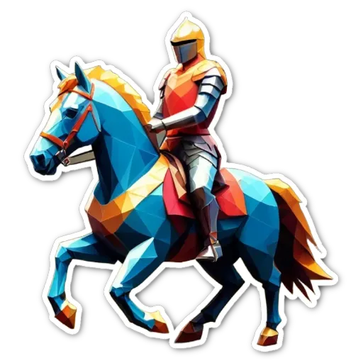 A colorful polygonal horse is ridden by a knight in shining armor.