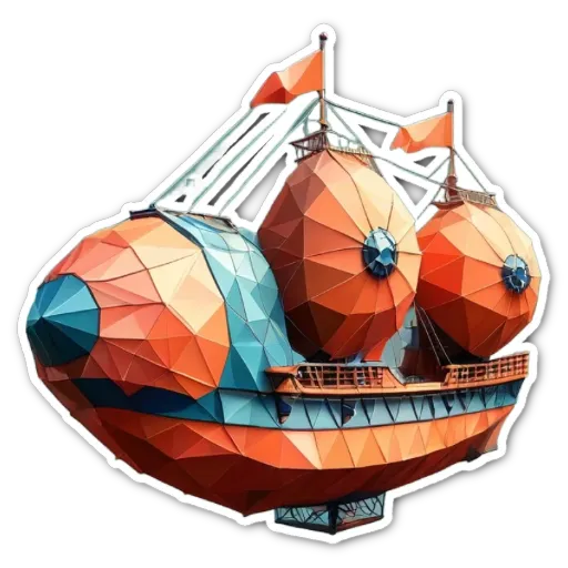 A colorful polyhedron sticker of a ship in the clouds.