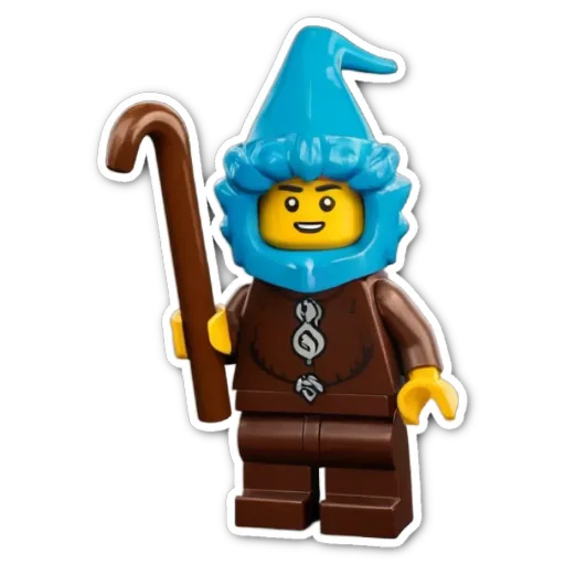 A lego person holding a staff and wearing a blue suit.