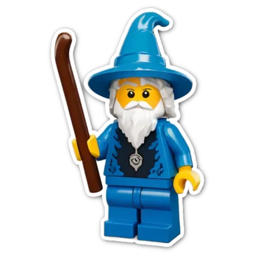 A blue lego figure of a wizard holding a staff.