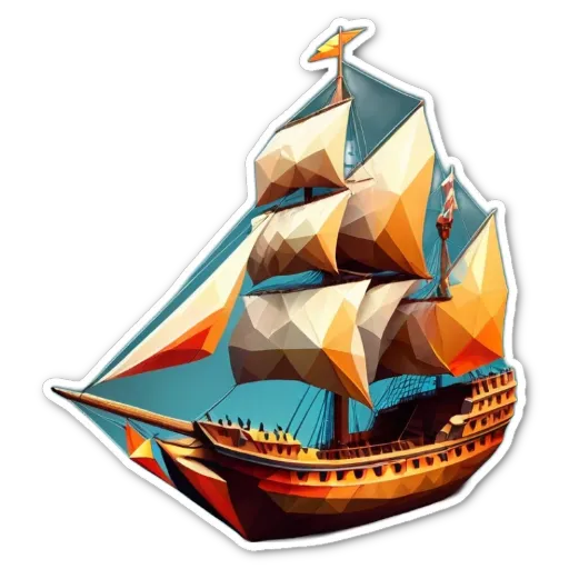A sticker of a ship that is colorful and detailed.
