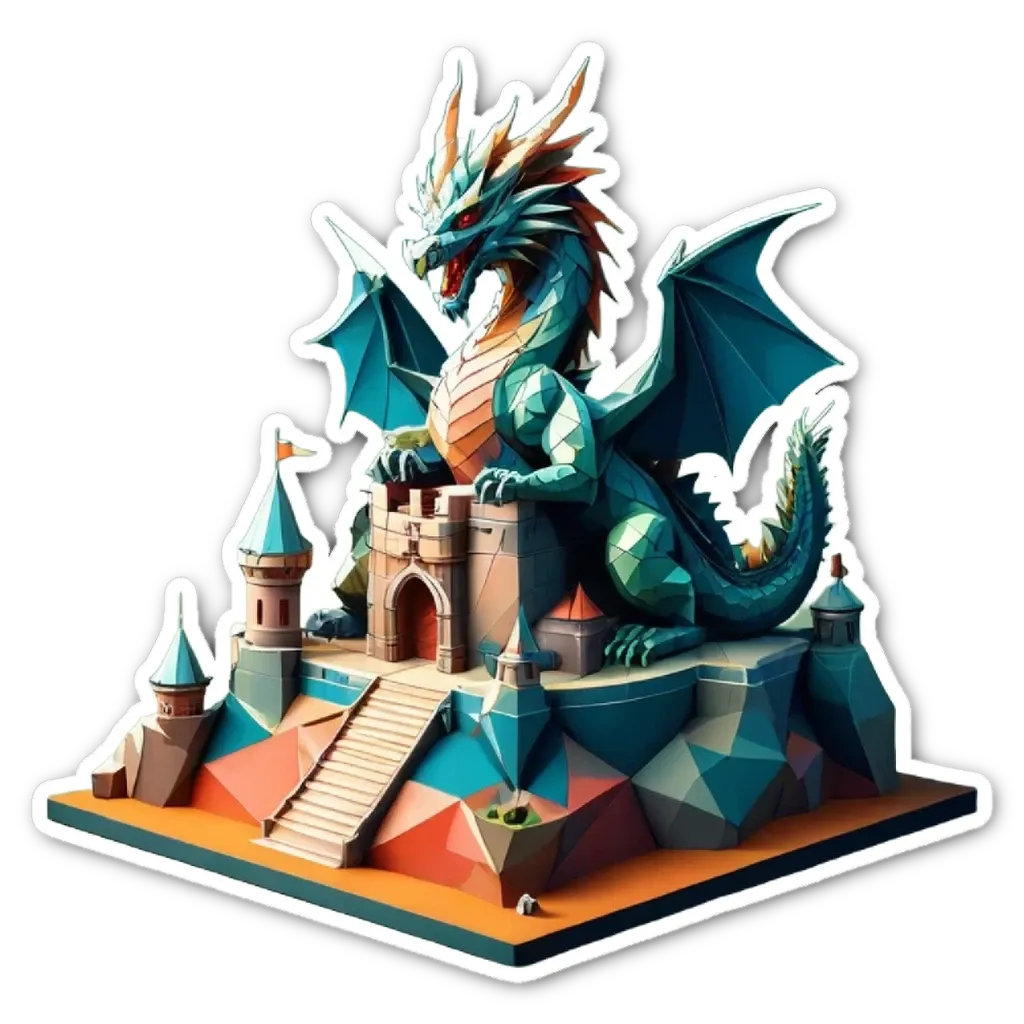 A dragon with a castle and flag on top of it.