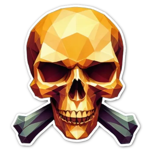 A golden skull with a cross in its right hand.