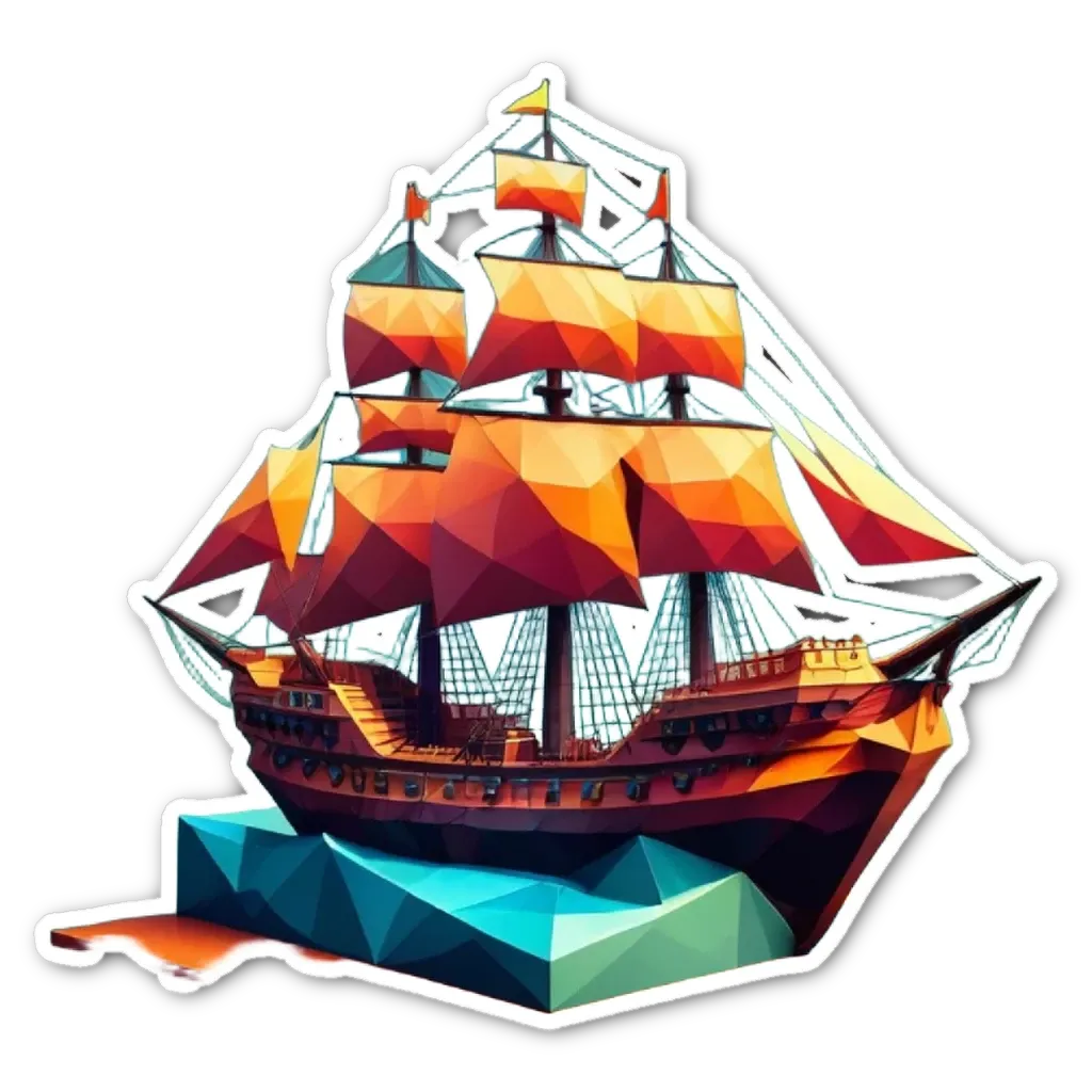 A sticker of a ship in the ocean that is colorful.