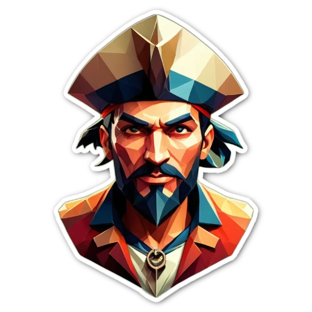 A polygonal man with a pirate hat is staring at the camera.