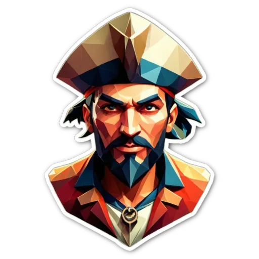 A polygonal man with a pirate hat is staring at the camera.