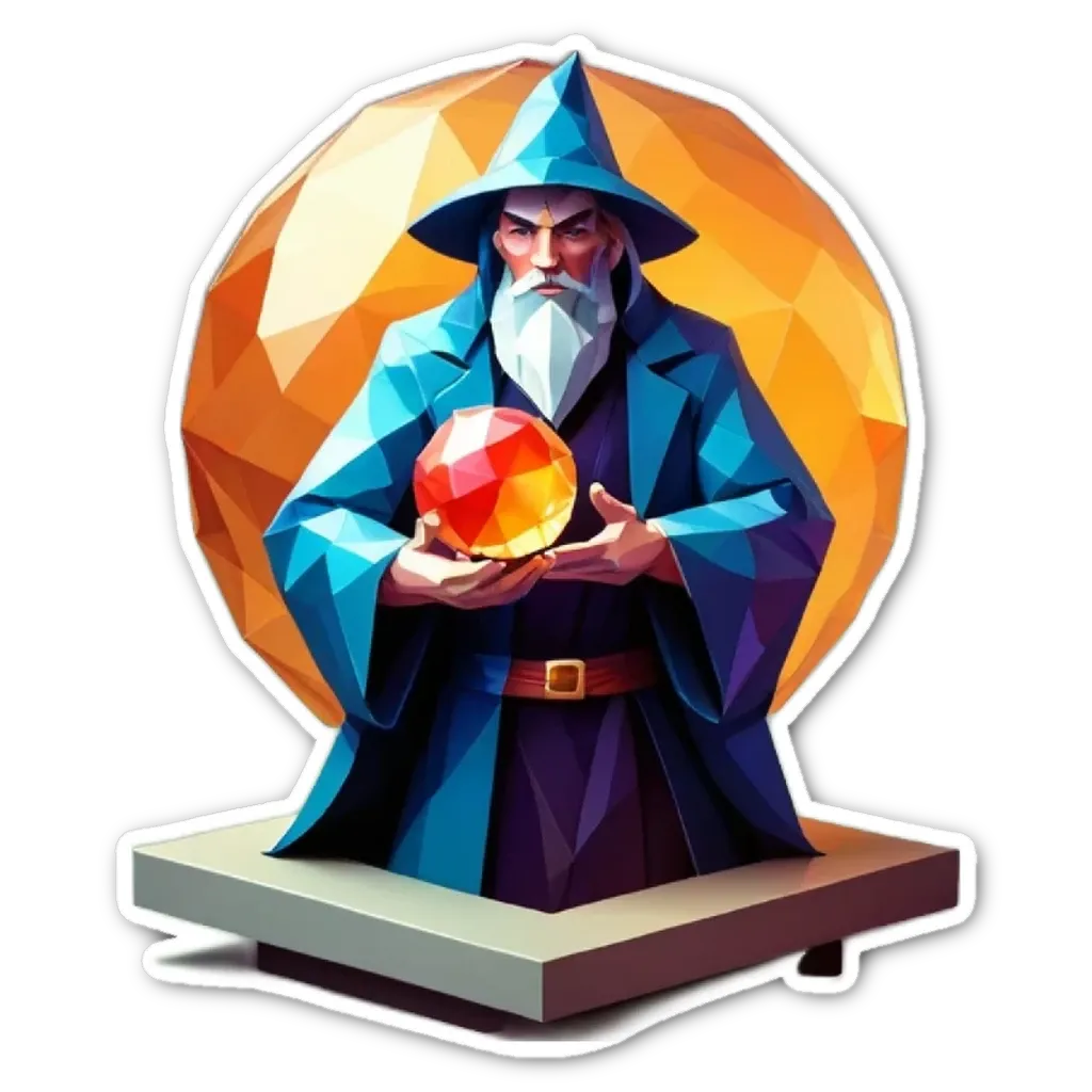 A polygonal shape of a wizard holding a ball.