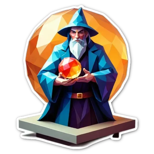 A polygonal shape of a wizard holding a ball.