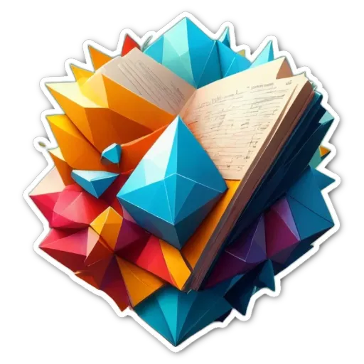 A very colorful 3d sticker of a book with a piece of paper sticking out of it.