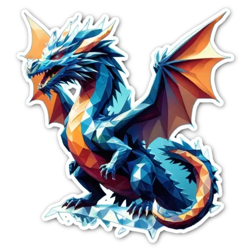 A dragon sticker in polygonal design in color blue and orange.